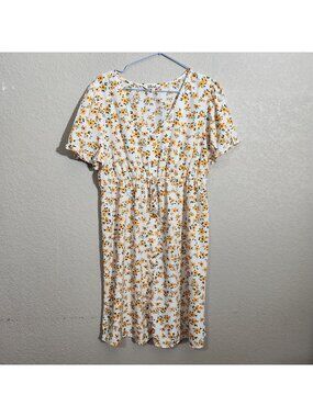 Mint Of Blush Floral Dress Womens L White Short Sleeve Casual Fit Button Waist